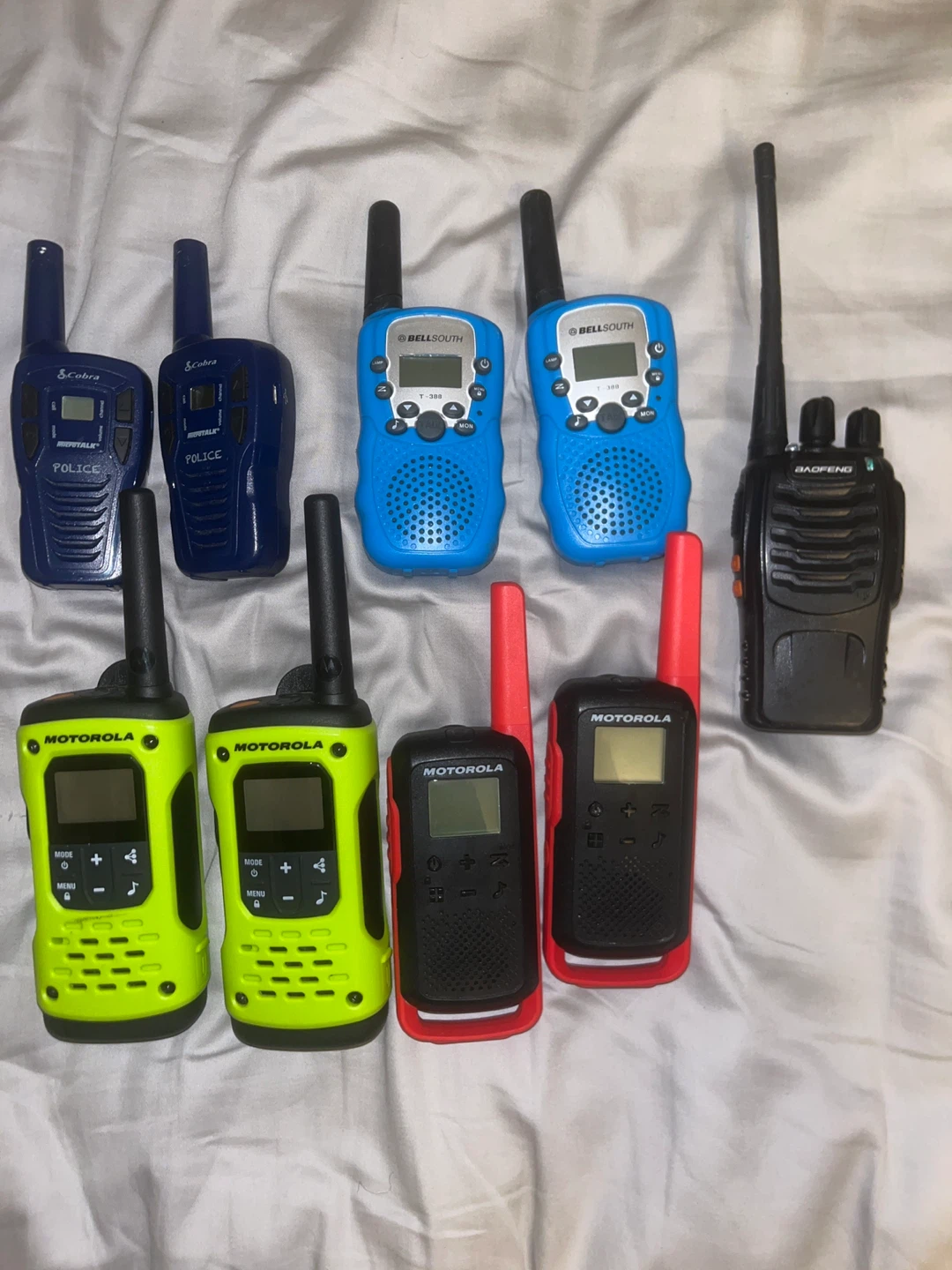 9 Walkie Talkies. Motorola, Baofeng, Scobra, and Bellsouth