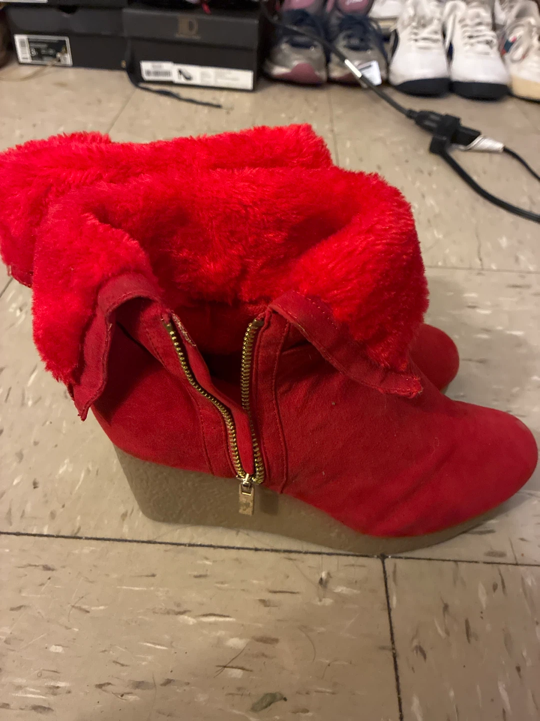 Red Wedge Ankle Boots with Fur Trim - photo 2