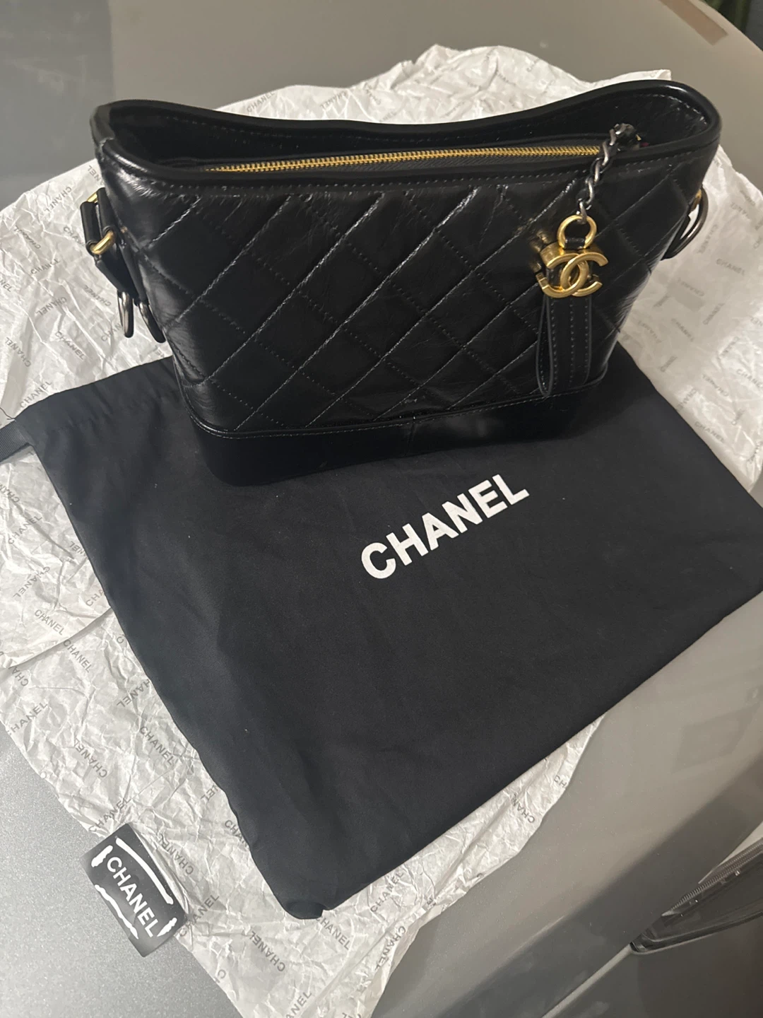 CHANEL Black Quilted Leather Hobo Bag