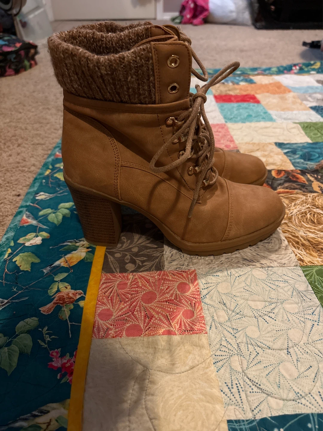 Brown Lace-Up Heeled Boots with Knit Collar - photo 2