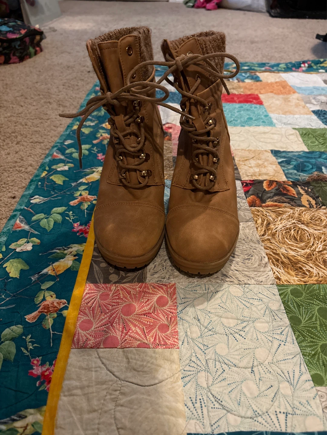 Brown Lace-Up Heeled Boots with Knit Collar