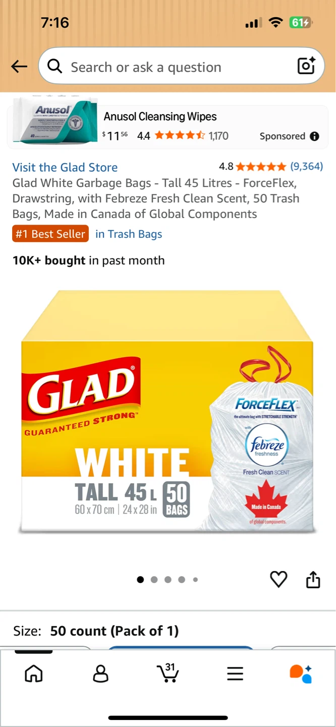 Glad White Garbage Bags - 45L, 50 Count