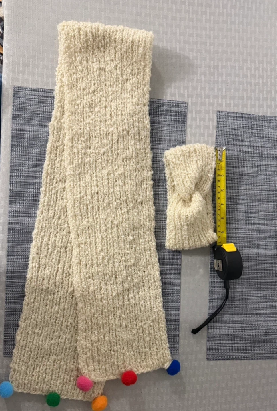 Cream Knit Scarf with Pom Poms and Matching Headband