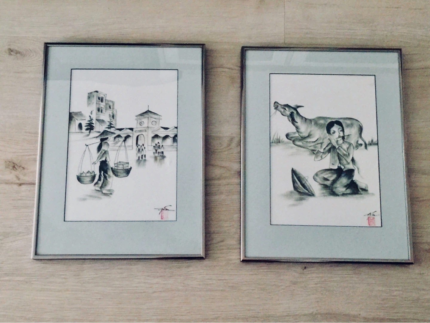 Set of 2 Framed Vintage Asian Market & Buffalo Art Prints