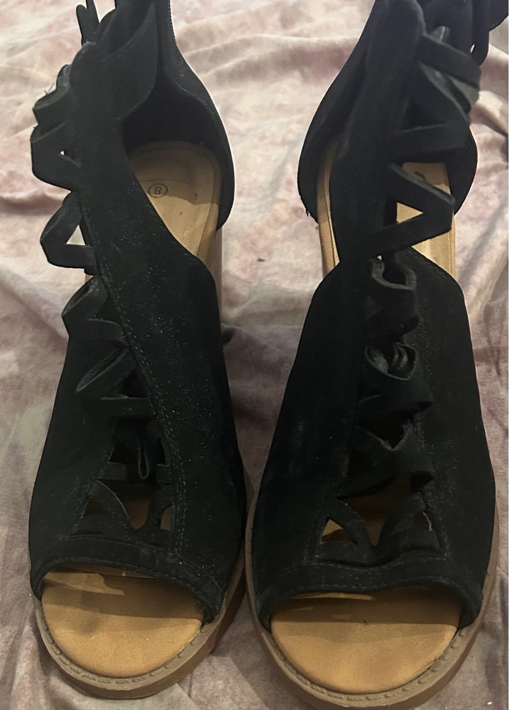 Black Suede Heeled Sandals Size 8