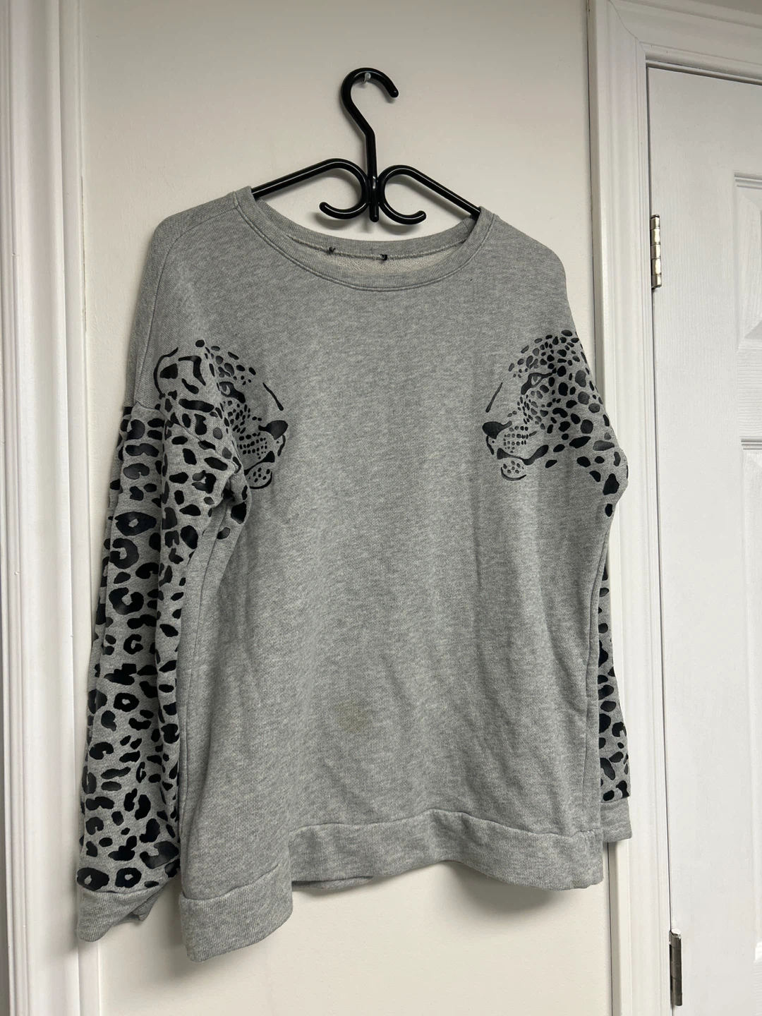 Grey Crewneck Sweatshirt with Leopard Print Sleeves