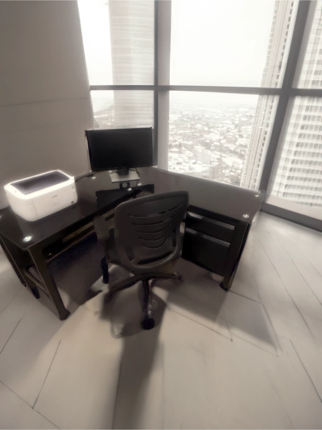 Black L-Shaped Glass Desk with Drawer Unit
