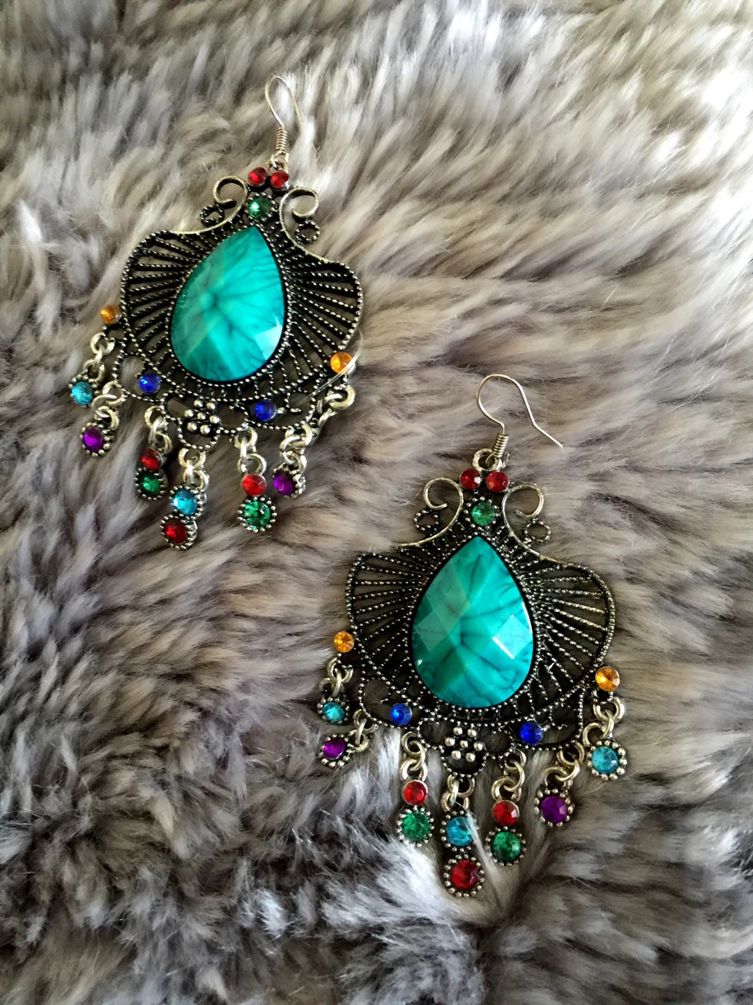 Boho Chandelier Earrings with Teal and Multicolour Gems