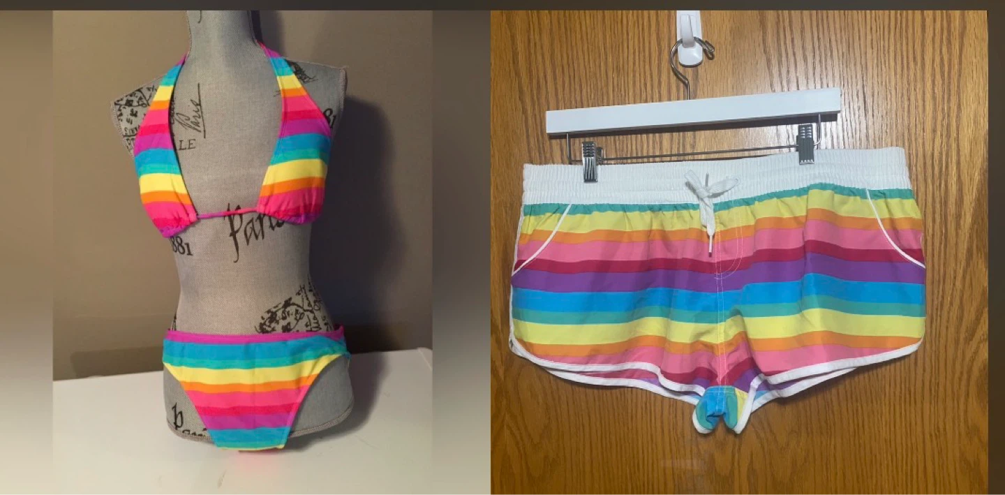 Rainbow bikini halter style swimsuit and matching shorts