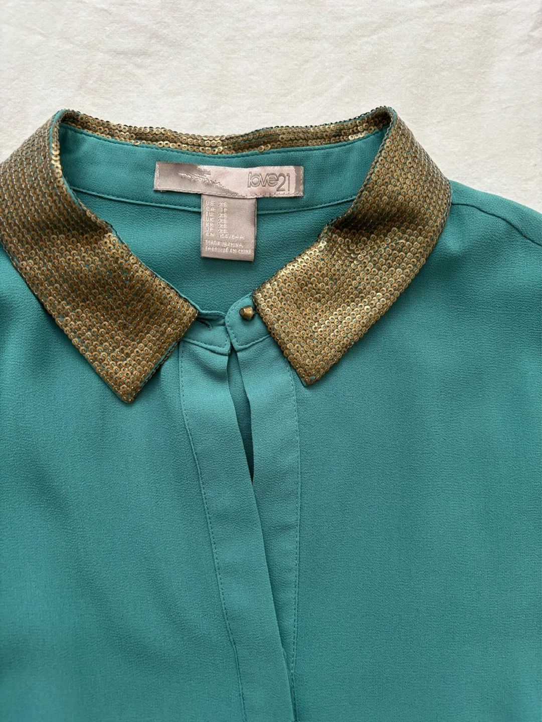 LOVE21 Teal Blouse with Gold Sequin Collar - Size S - photo 2
