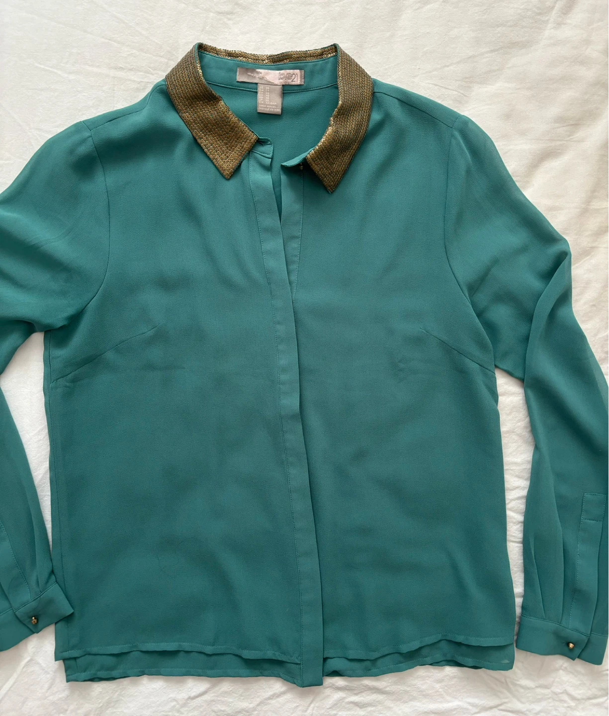 LOVE21 Teal Blouse with Gold Sequin Collar - Size S