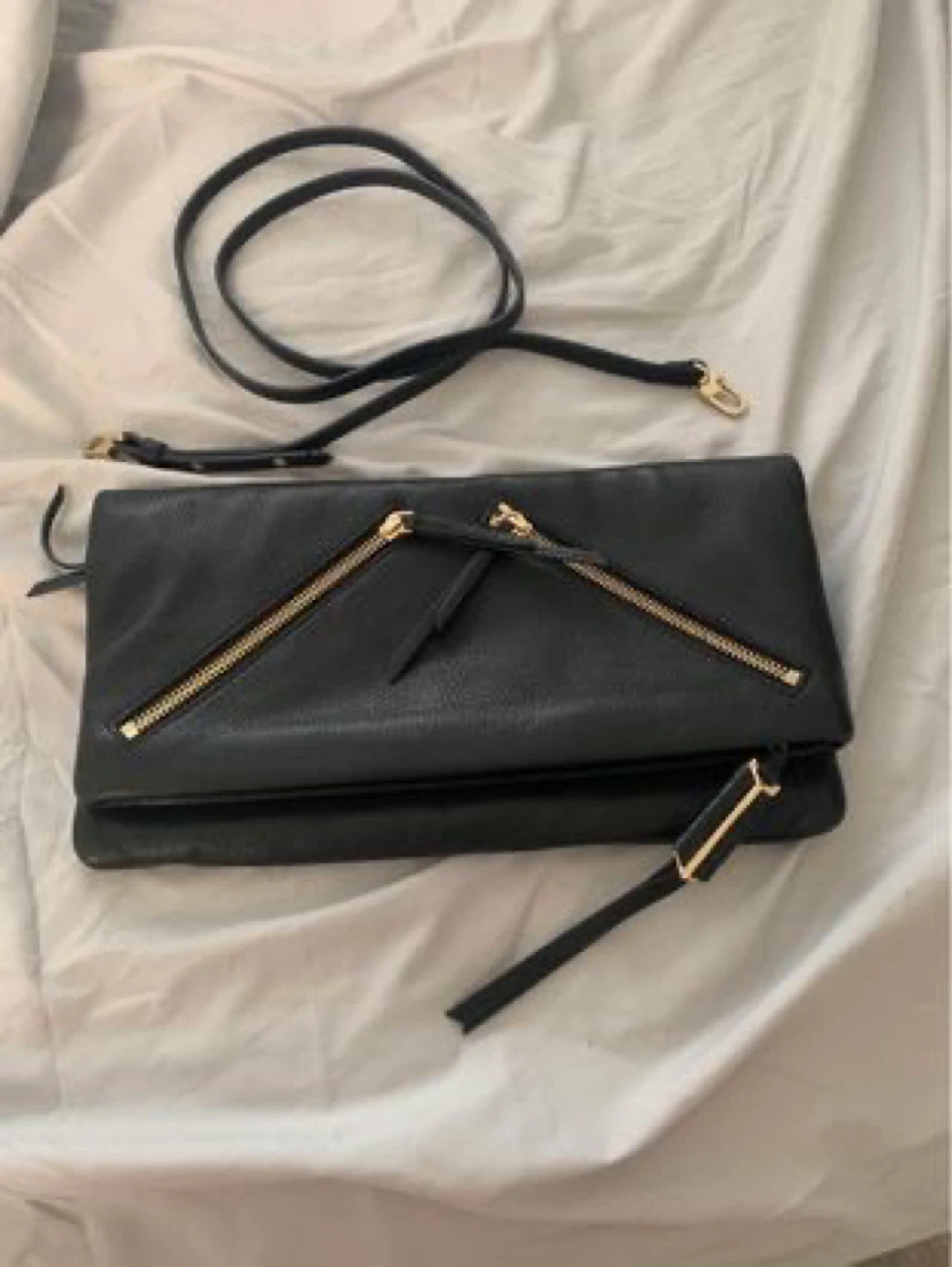 Black Leather Clutch with Gold Zipper Details