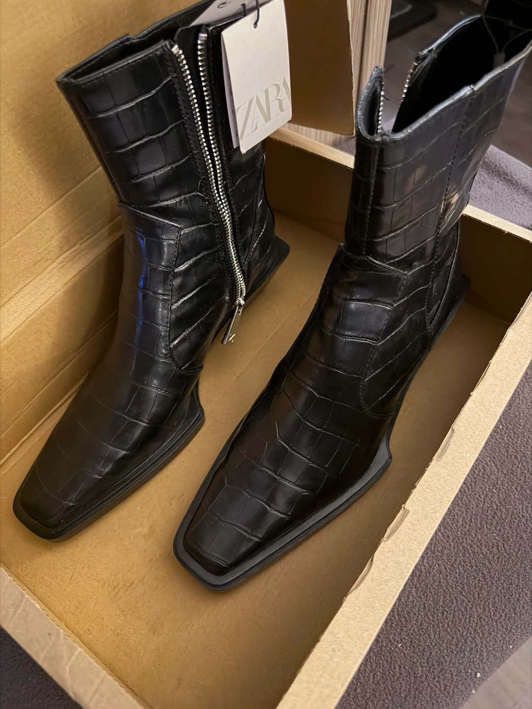 Zara Black Croc Embossed Ankle Boots - photo 3