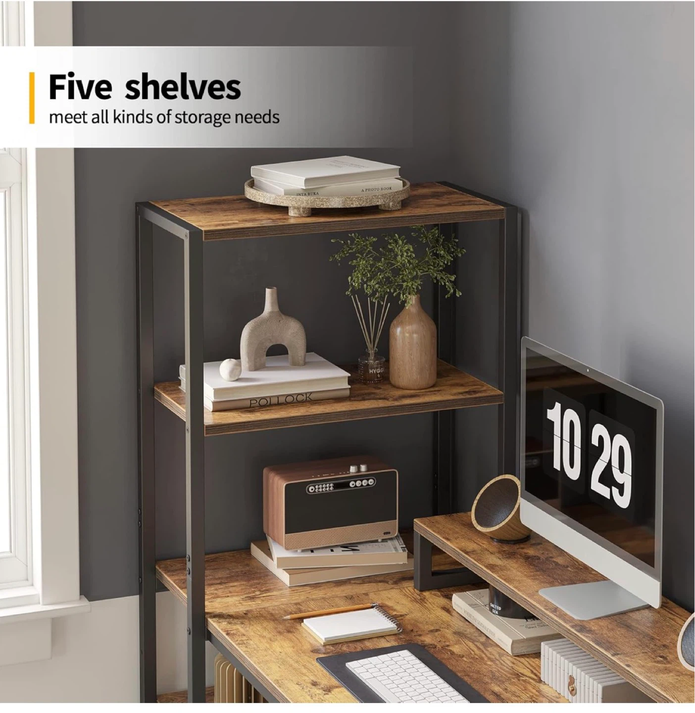 Rustic Industrial Computer Desk with Shelving Unit - photo 4