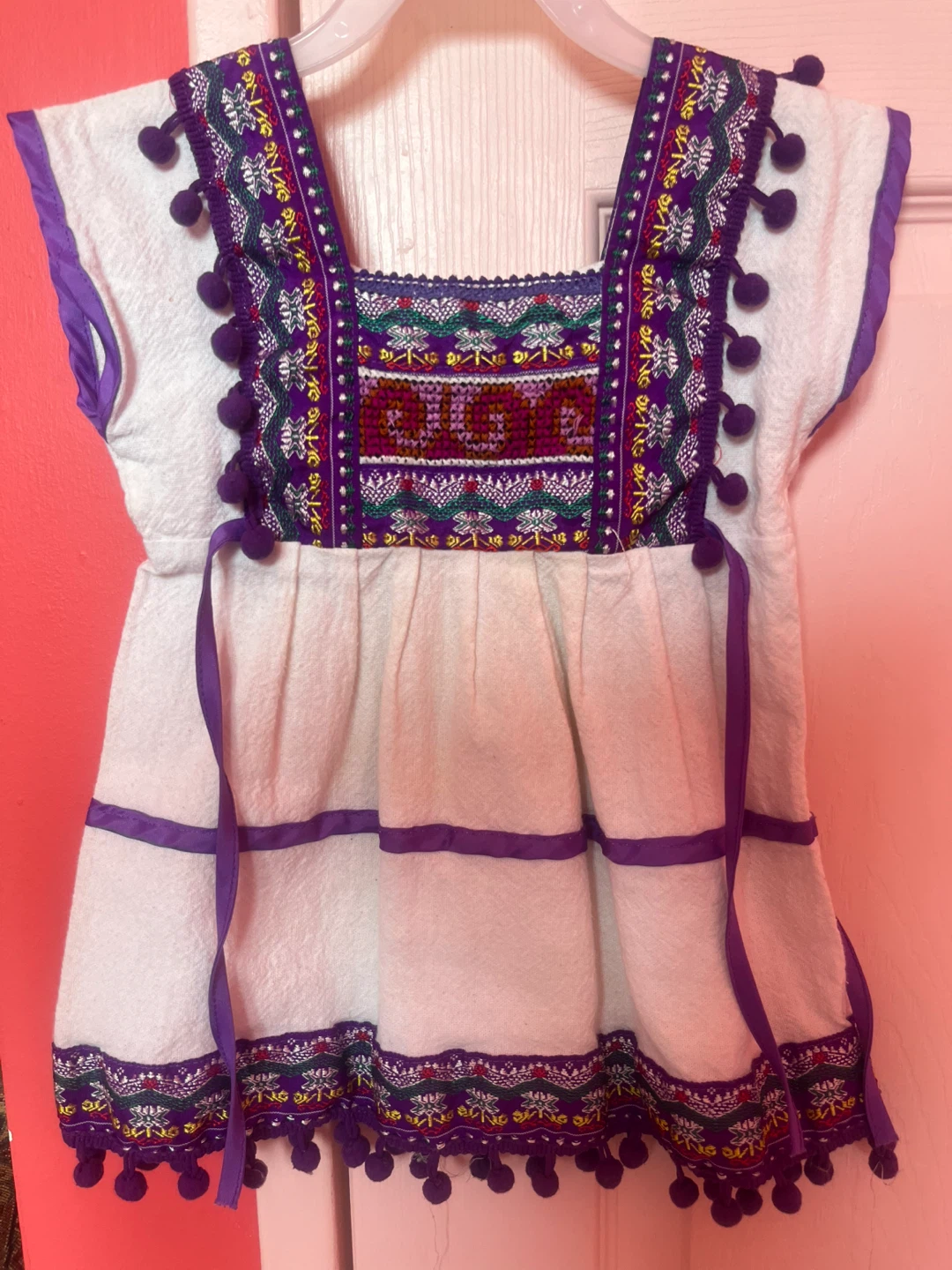 Embroidered White Dress with Purple Pom-Pom Trim