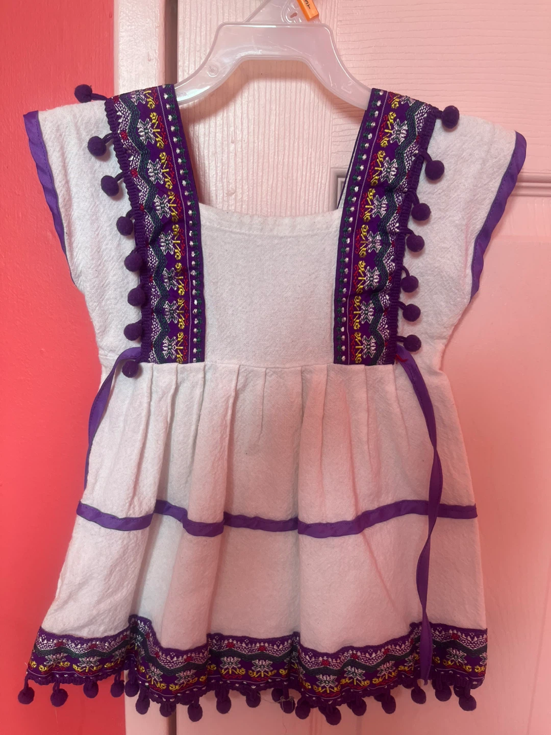 Embroidered White Dress with Purple Pom-Pom Trim - photo 2