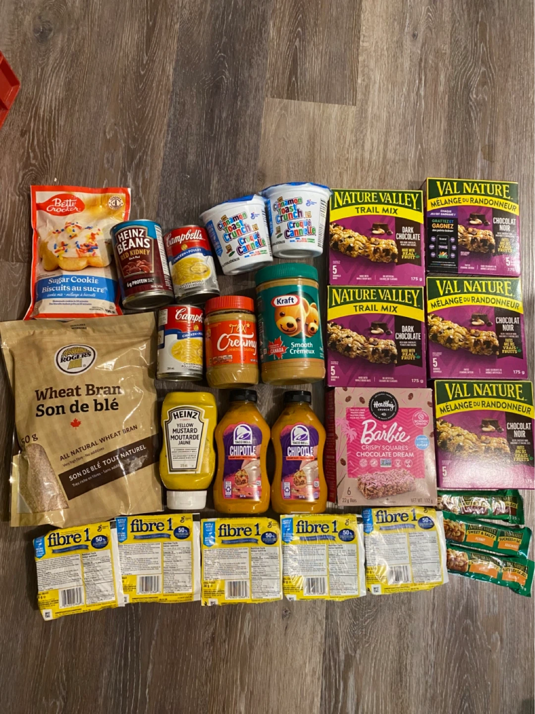 Peanut butter granola bars sauces beans soup wheat etc