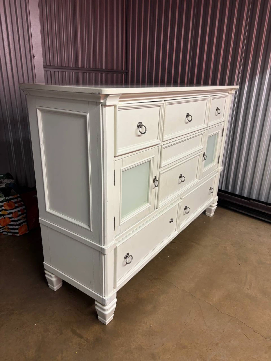 White Dresser with Multiple Drawers and Cabinet Doors
