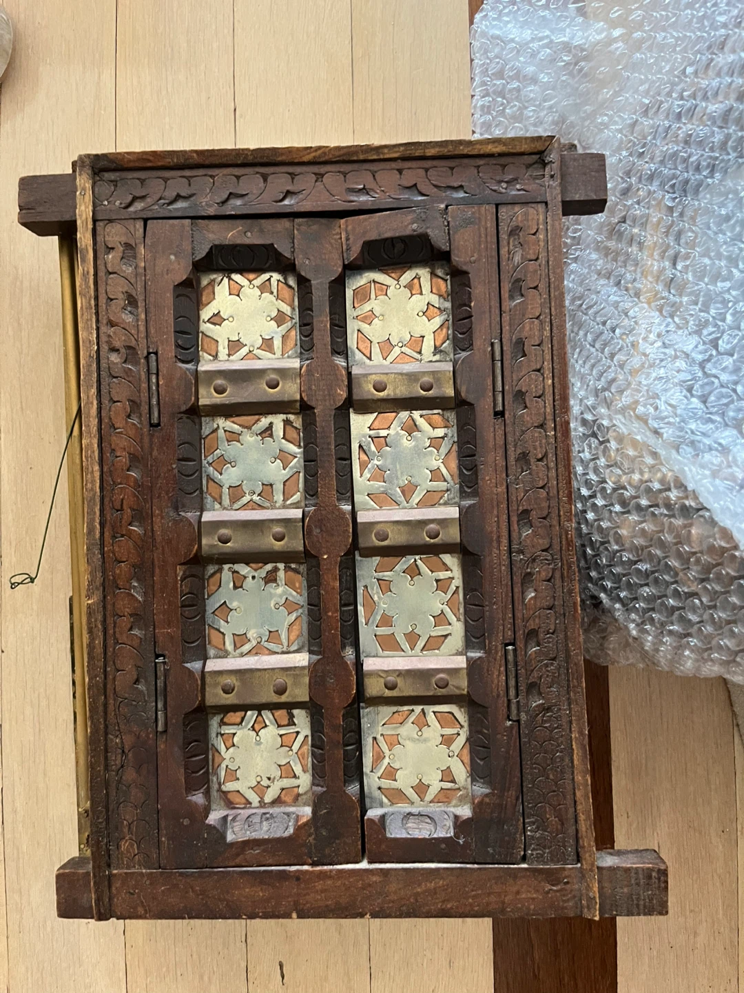 Vintage Wooden Cabinet with Decorative Metal Inlay