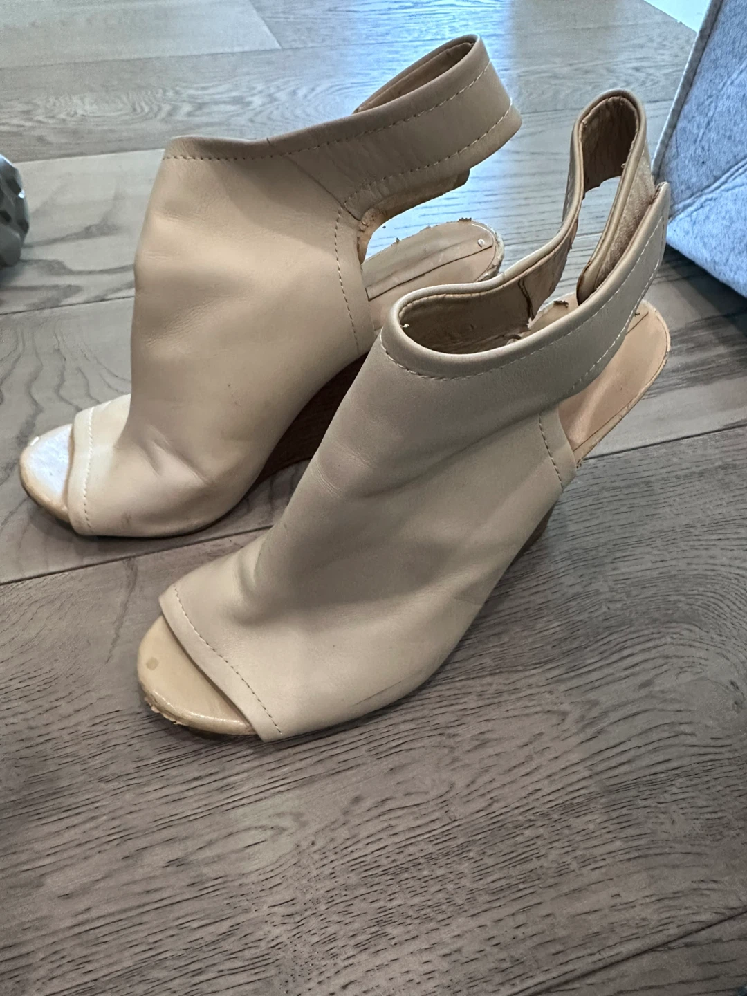Beige Leather Wedge Peep-Toe Heels