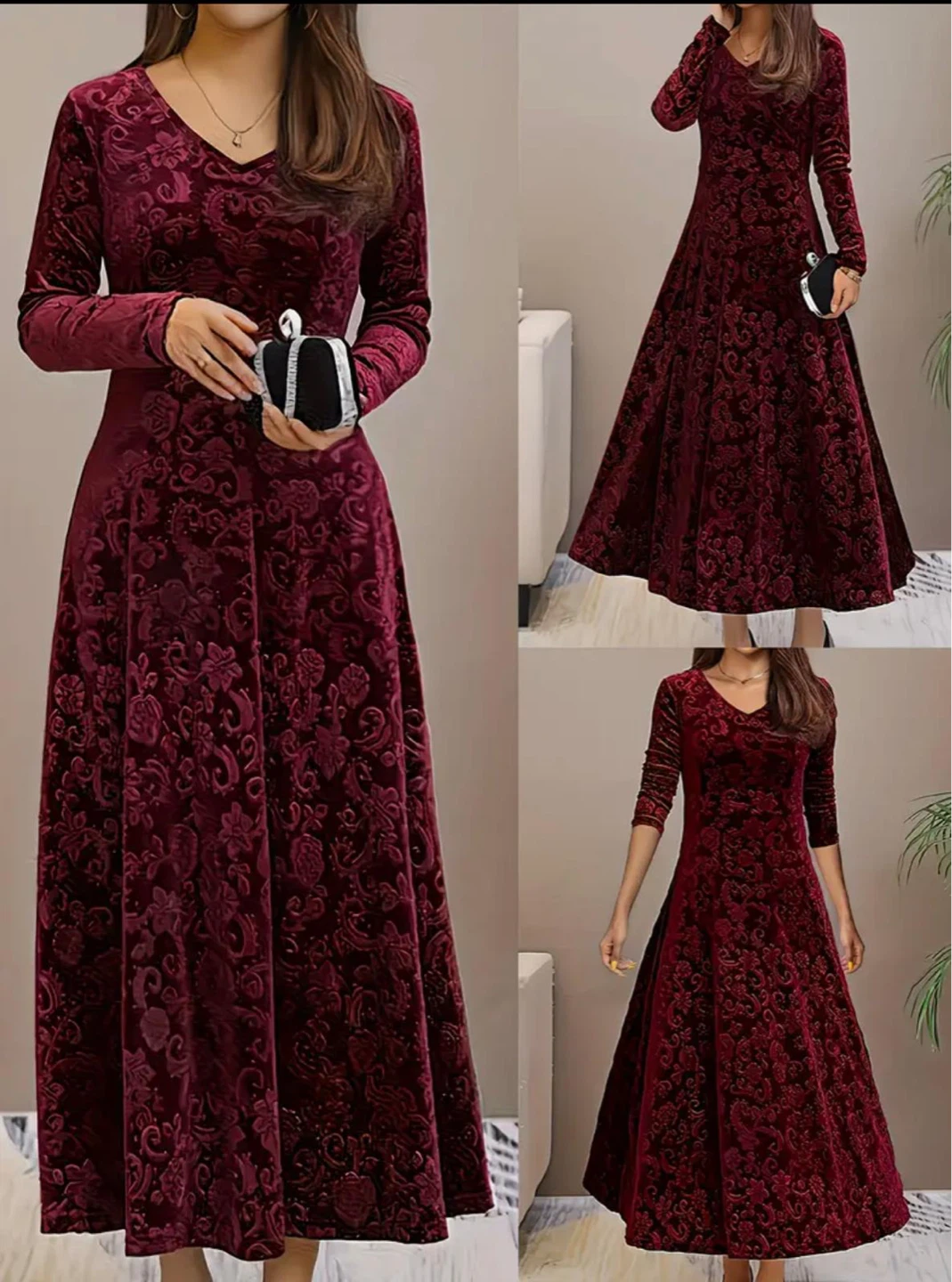 Burgundy Velvet Burnout Maxi Dress - 0XL