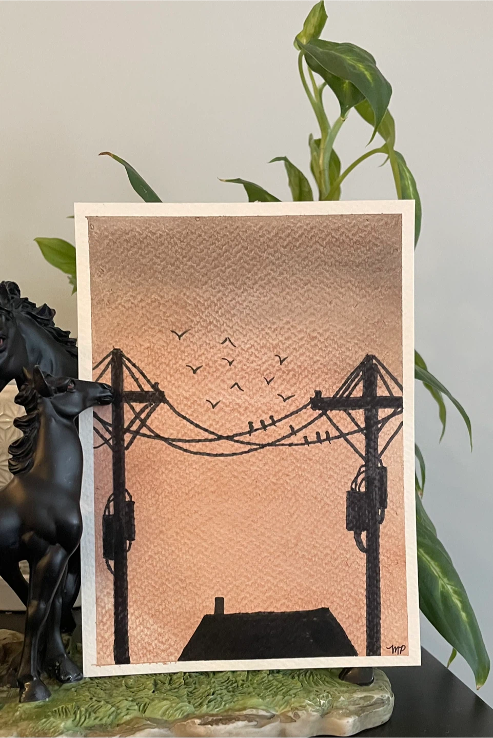 Watercolor Birds on a Wire painting