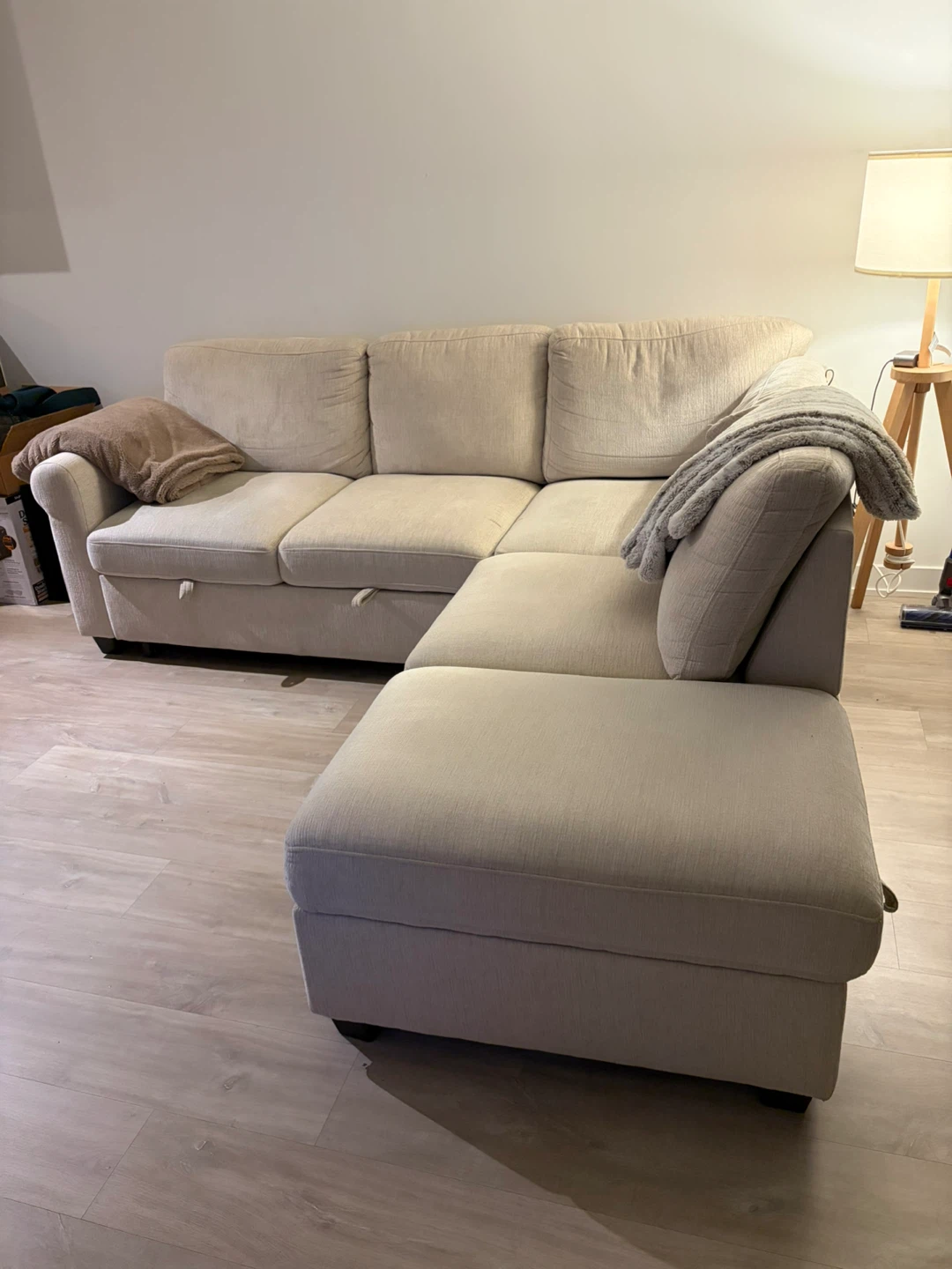 Beige Sectional Sofa with pull-out bed and storage ottoman