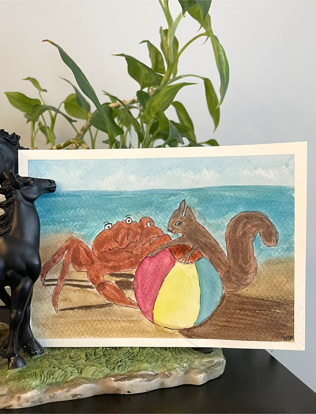 Watercolor Crab and Squirrel on Beach painting