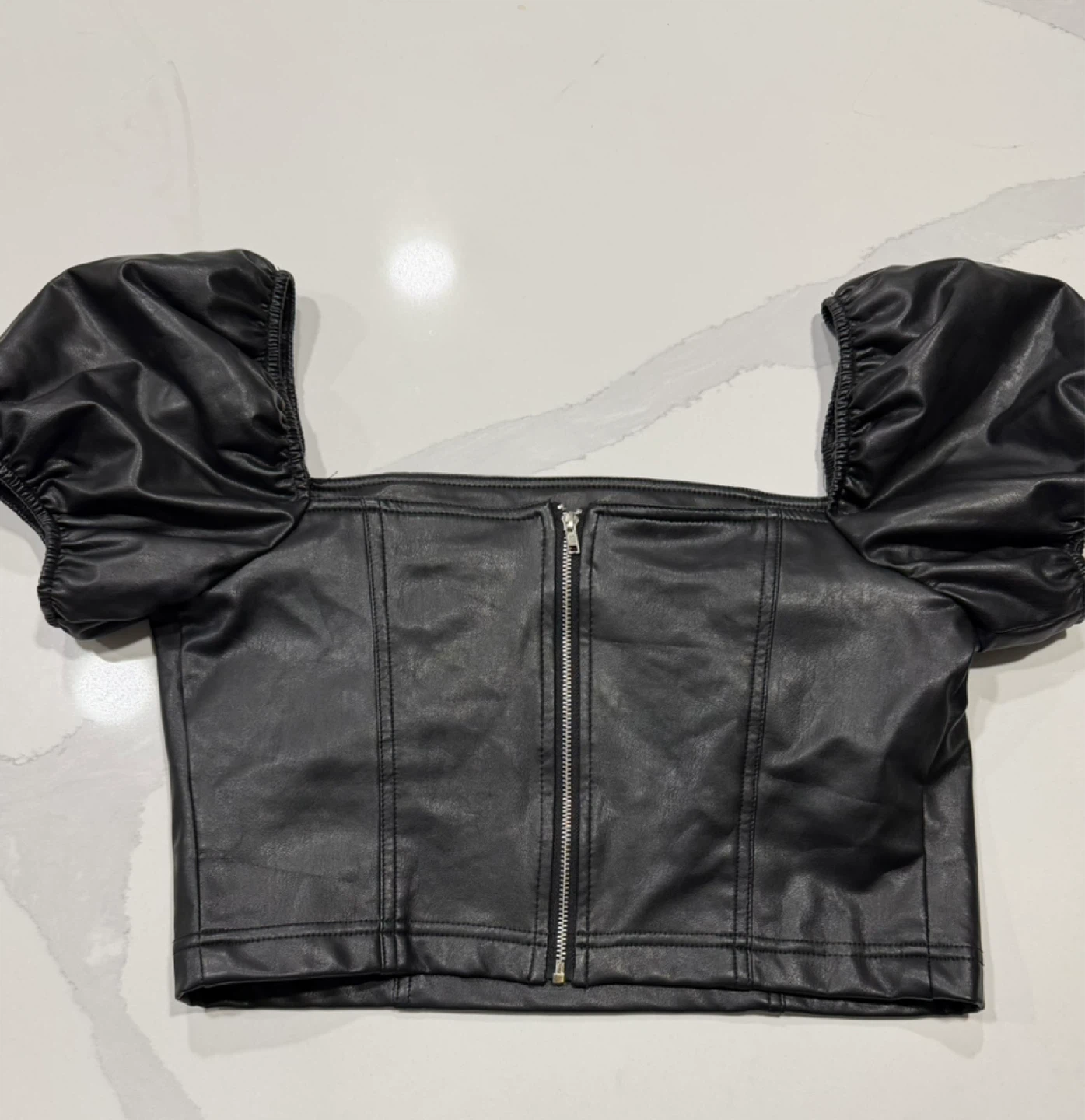 7 For All Mankind Black Faux Leather Puff Sleeve Top Sz M - photo 3