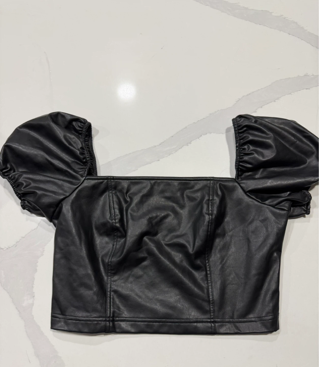 7 For All Mankind Black Faux Leather Puff Sleeve Top Sz M - photo 2