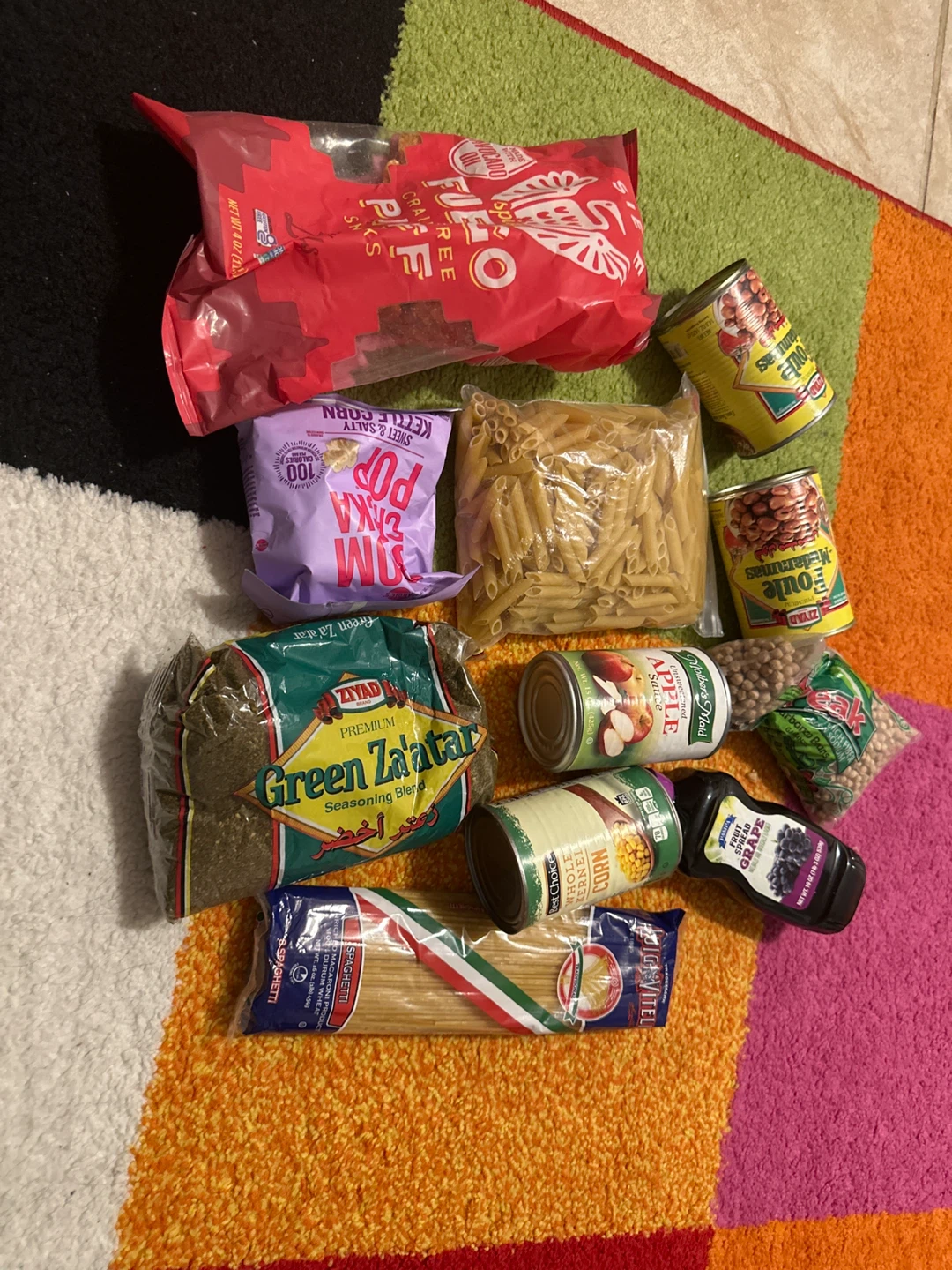 Pasta, Canned Goods, Seasoning, Snacks, and Spread