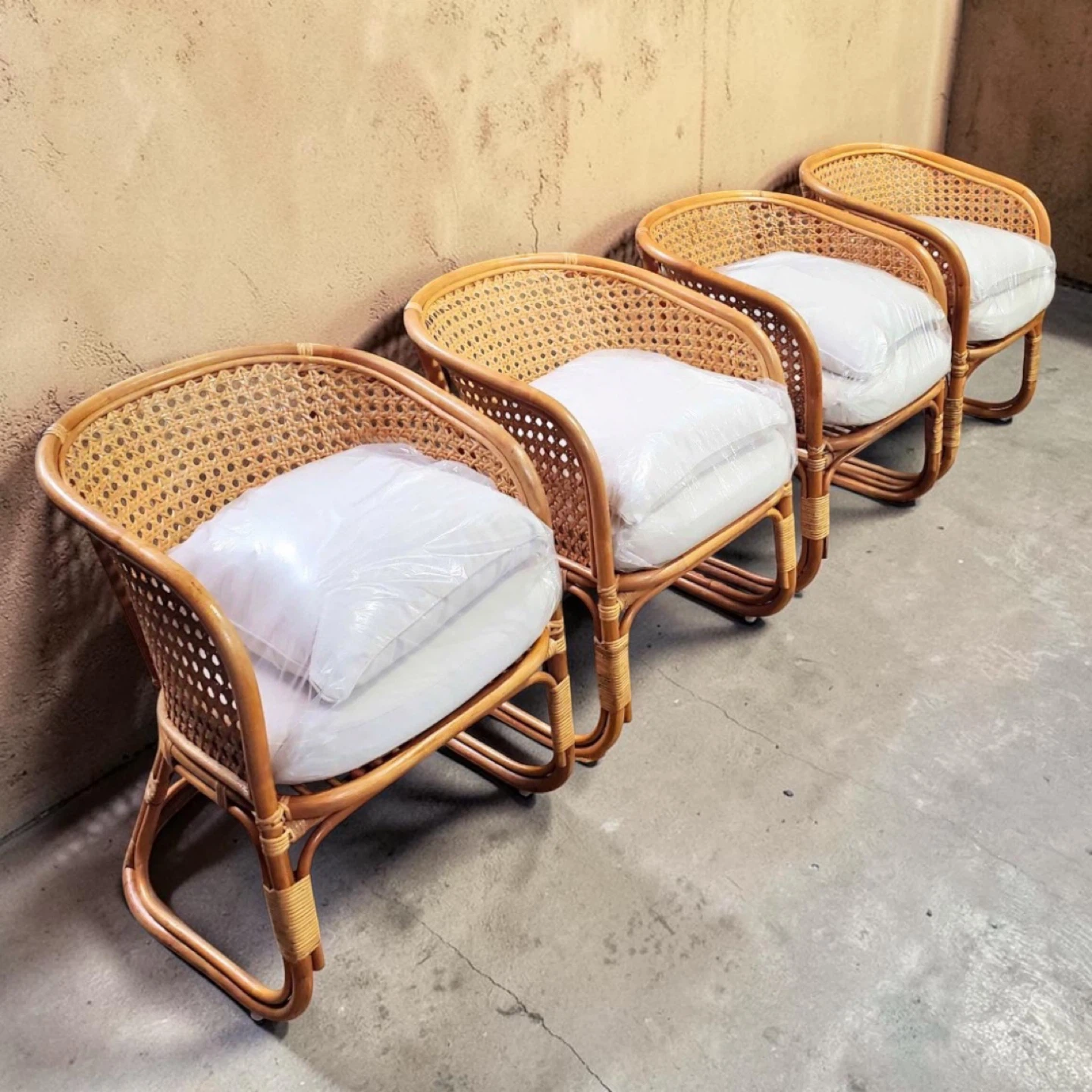 New Sturdy Set of 4 Boho Rattan Cane Arm Chairs