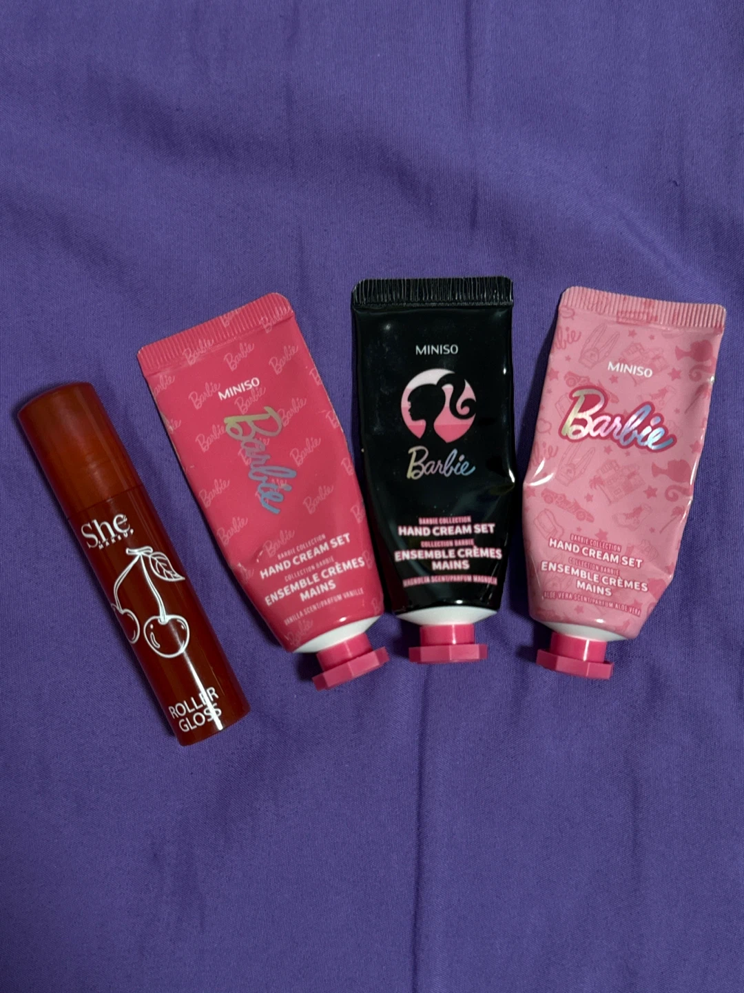 Miniso Barbie Hand Cream Set & SHe Roller Gloss