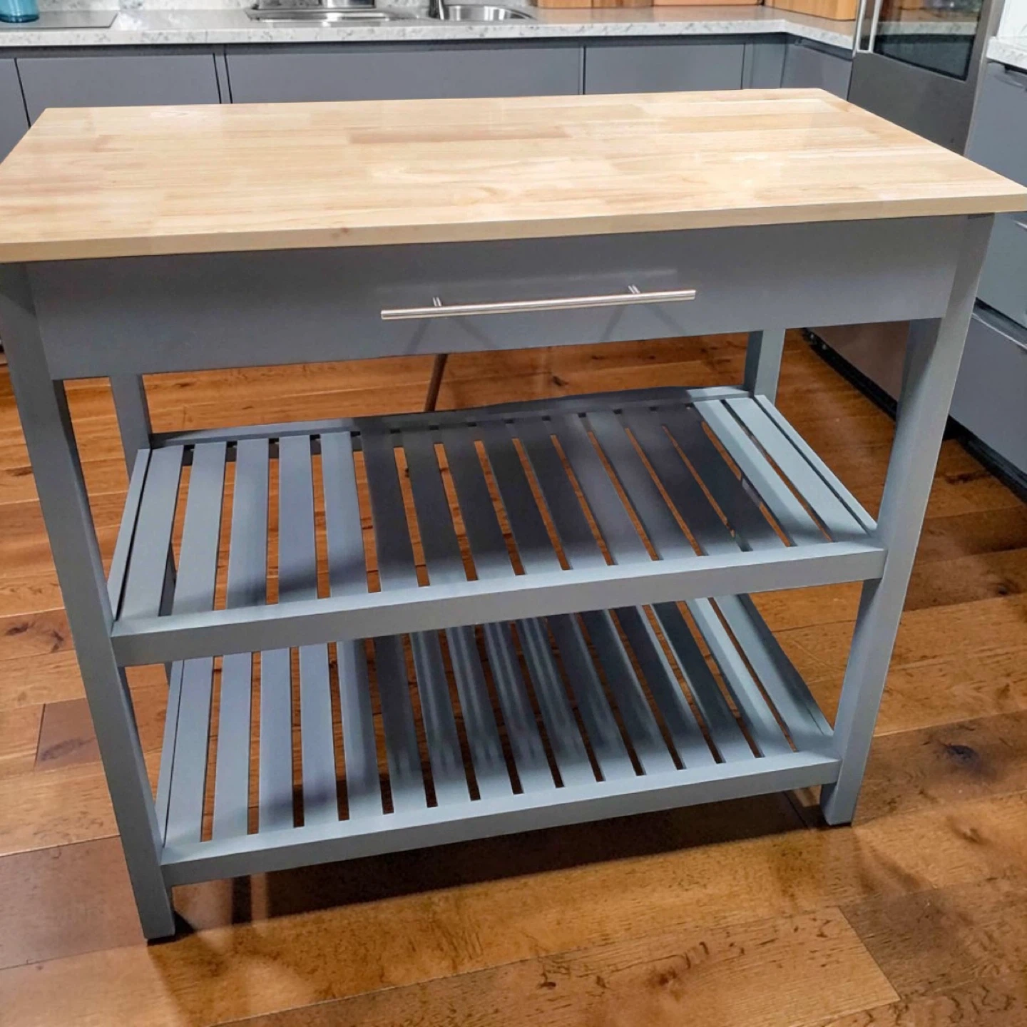 New Gray with Butcher Block Countertop Kitchen Storage Island