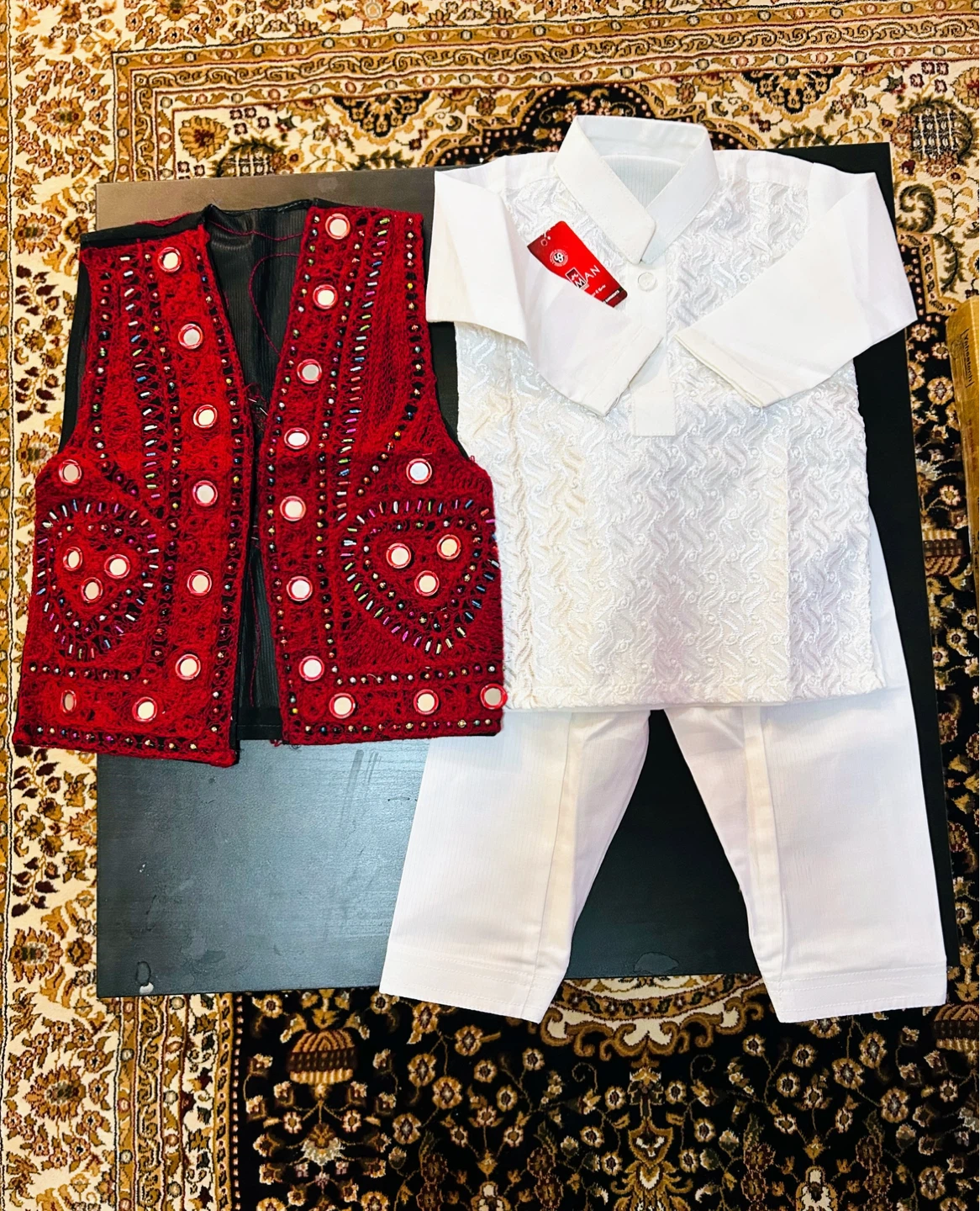 Children's White Kurta with Red Embroidered Vest