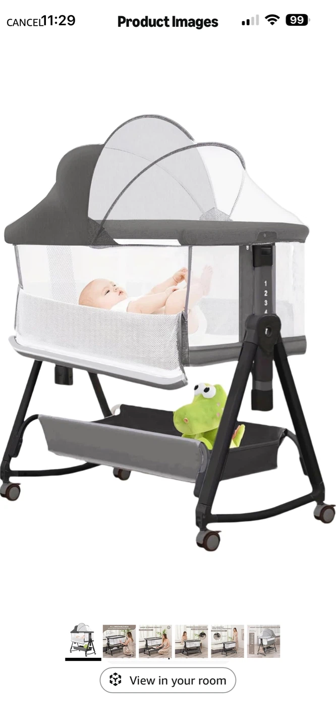 Grey Baby Bassinet with Rocking Mode and Storage