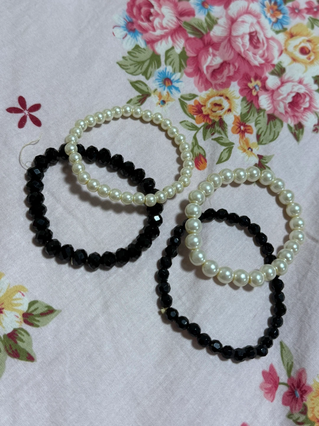 Pearl and Black Beaded Bracelets - Set of 4