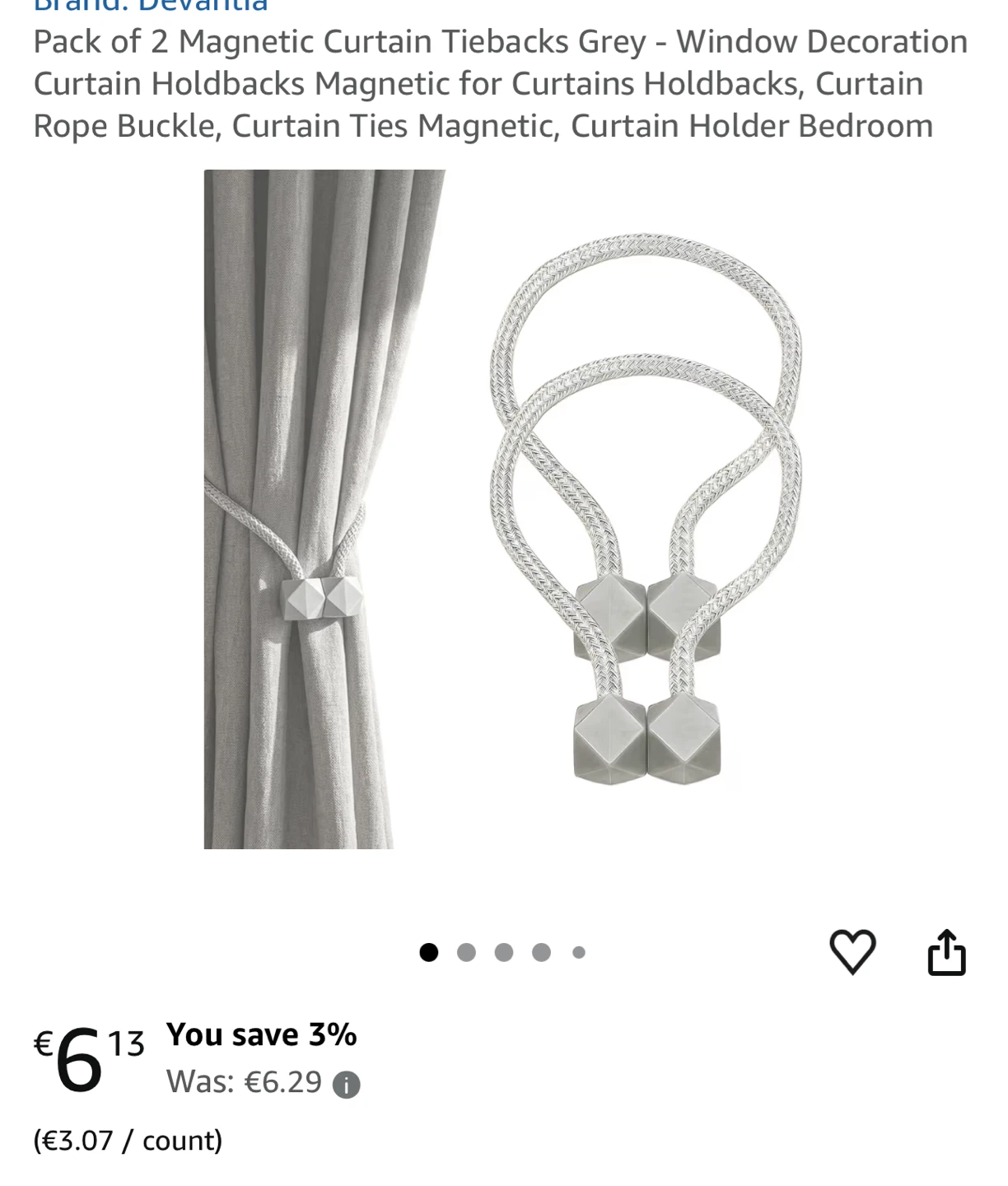Pack of 2 Grey Magnetic Curtain Tiebacks