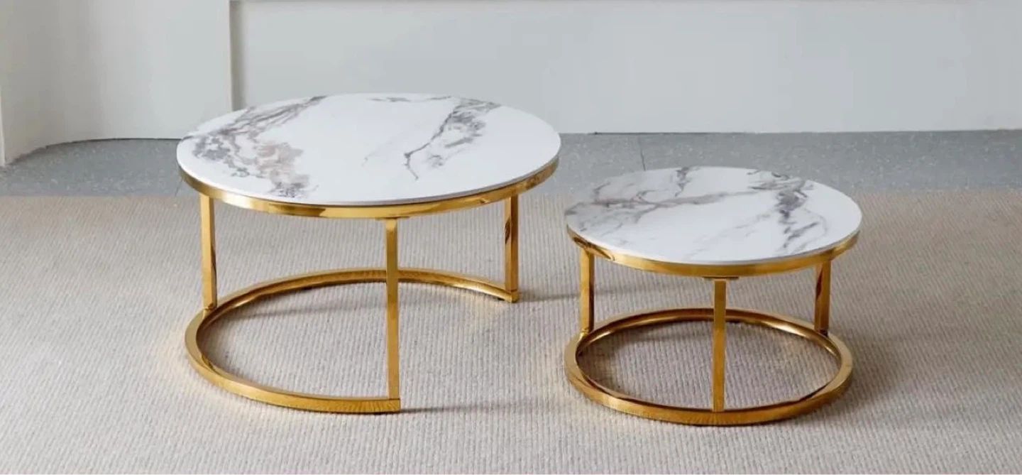 Marble Top Nesting Coffee Tables - Gold Metal Legs