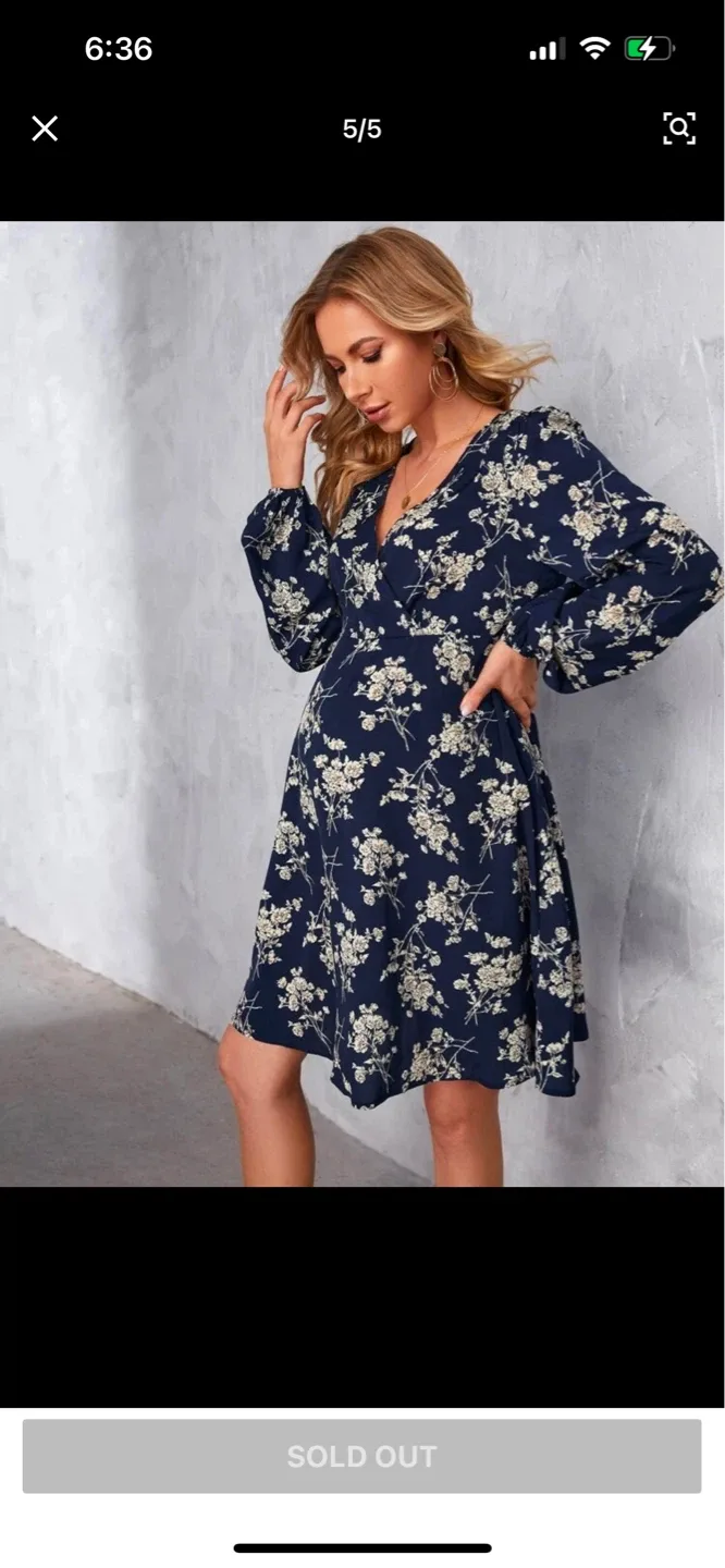 SHEIN Navy Floral Long Sleeve Wrap Dress Size XS - photo 3