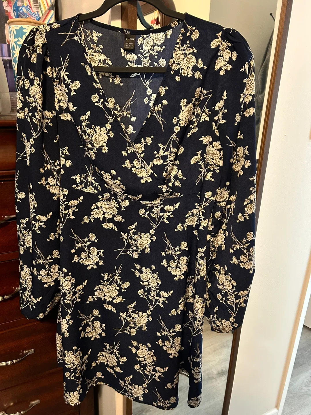 SHEIN Navy Floral Long Sleeve Wrap Dress Size XS