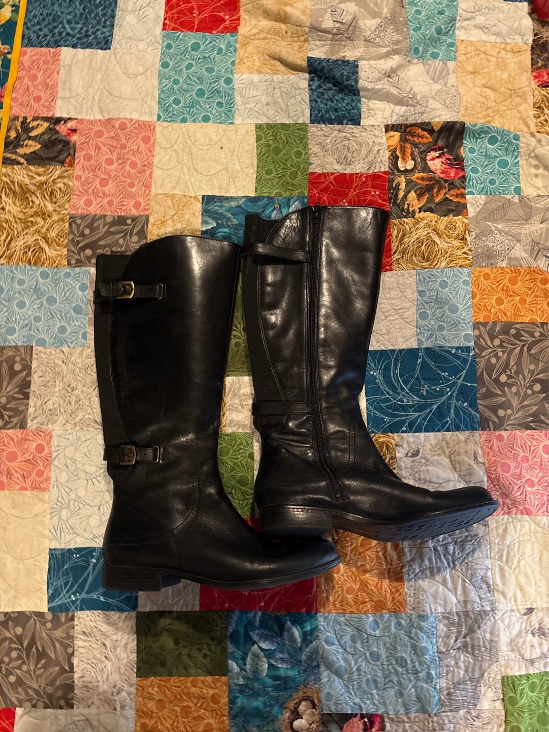 Black Leather Knee-High Boots with Buckle Detail