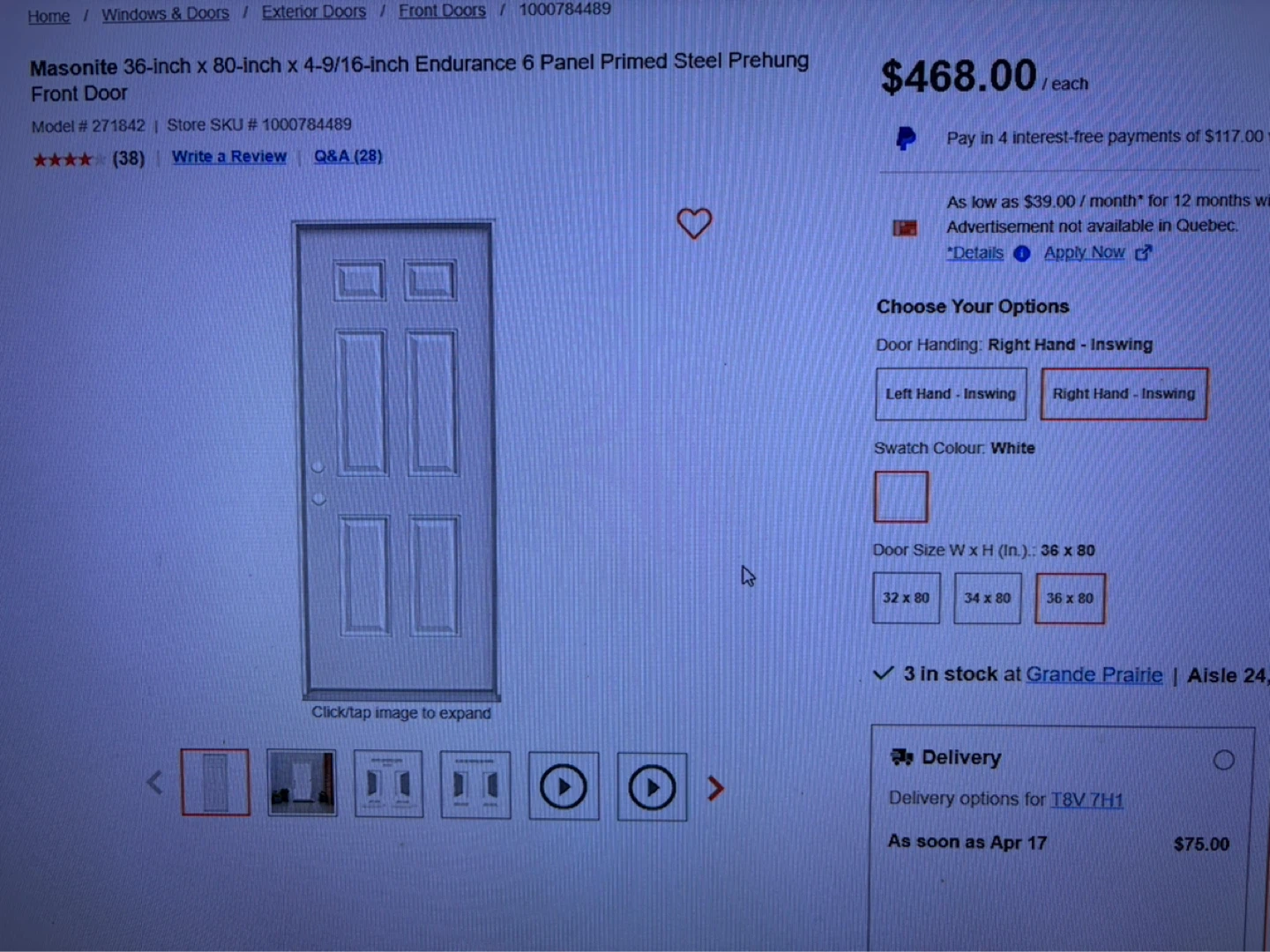 Masonite 6 Panel Endurance Front Door - 36" x 80" RH Inswing