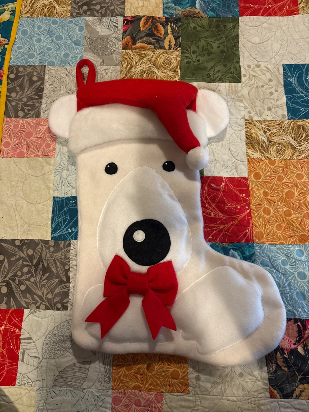 White Polar Bear Christmas Stocking with Red Bow