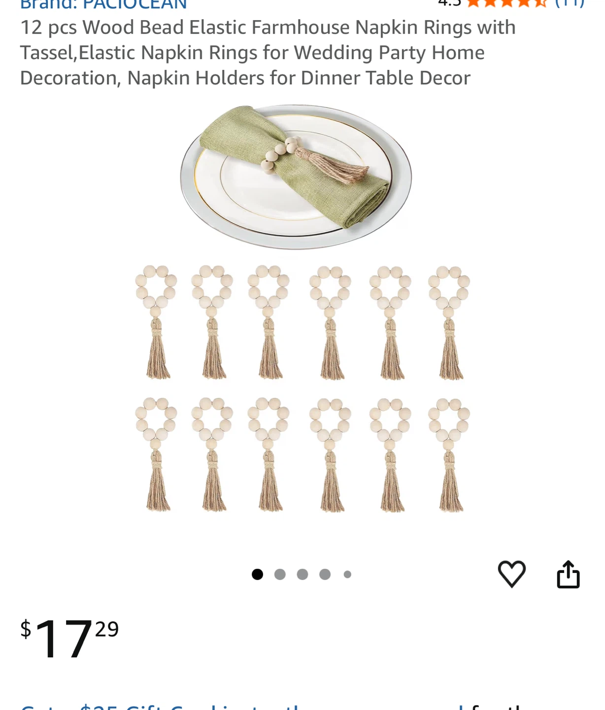 12 pcs Wood Bead Napkin Rings with Tassel