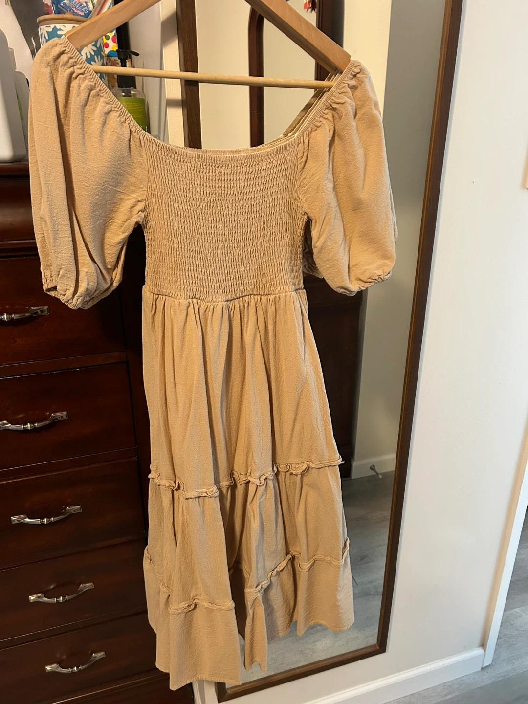 Orange Puff Sleeve Smocked Midi Dress