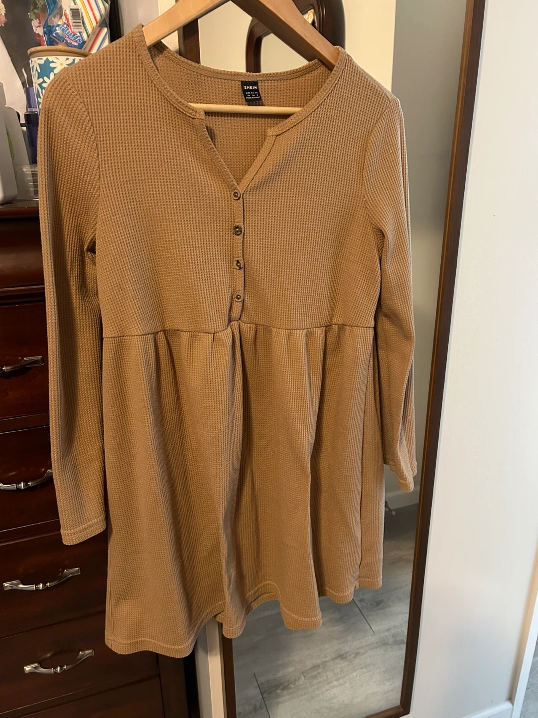 Shein Women's Waffle Knit V-Neck Mini Dress Tan XS