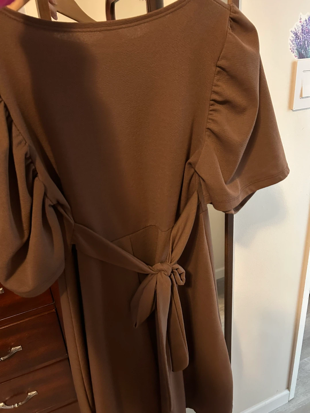 Brown Puff Sleeve Tie-Waist Dress - photo 2