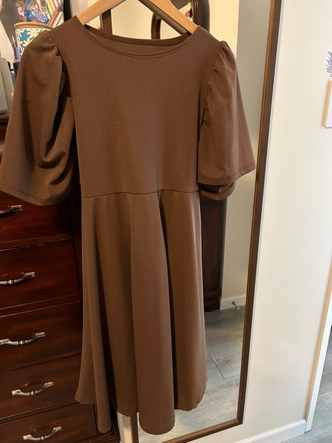 Brown Puff Sleeve Tie-Waist Dress