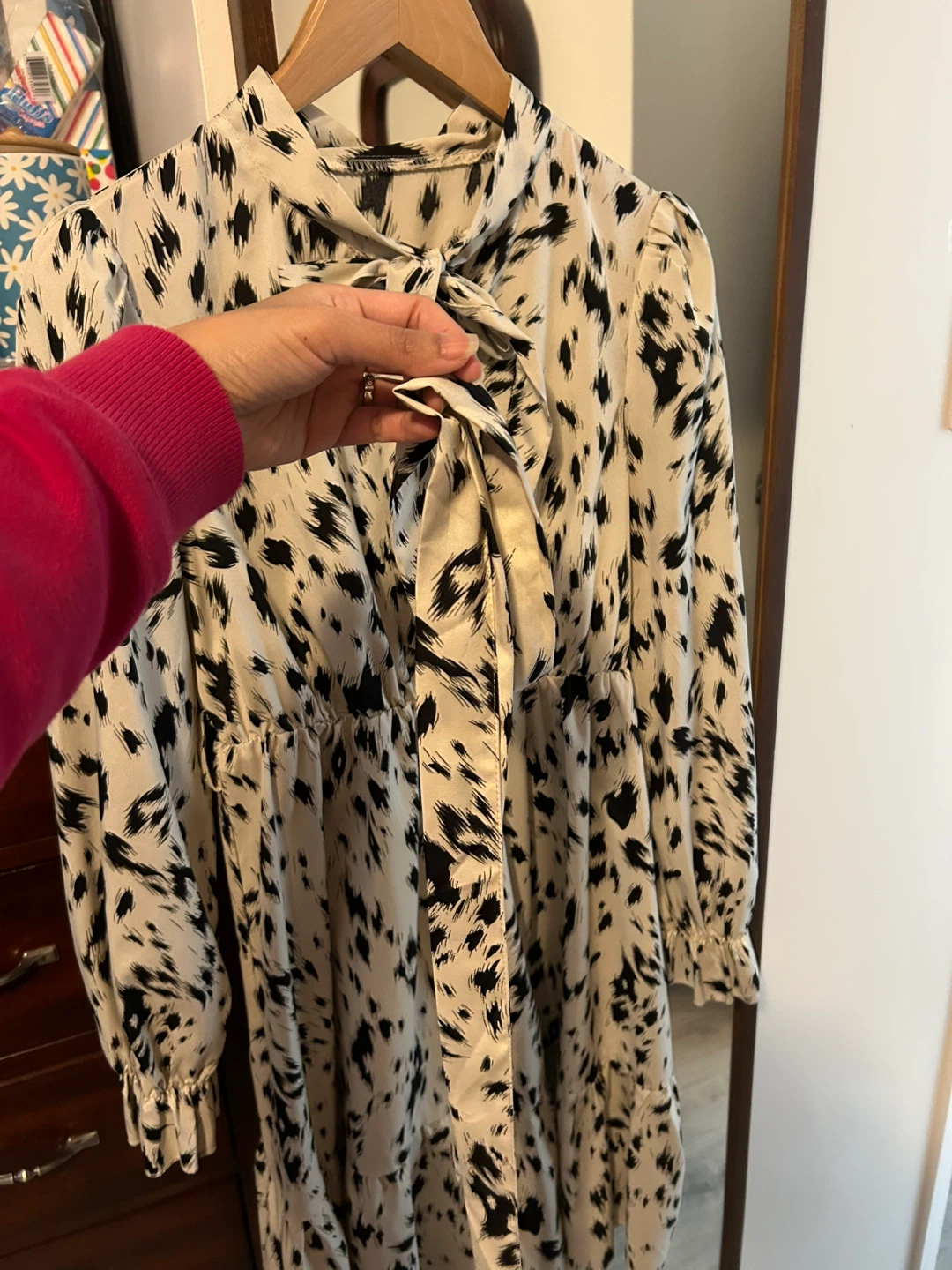 Black and White Animal Print Dress with Bow Neckline - photo 2